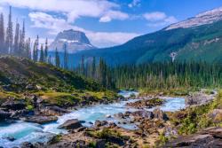 NP Yoho - potok, stromy a skalné vrchy. Kanada. Foto: unsplash.com