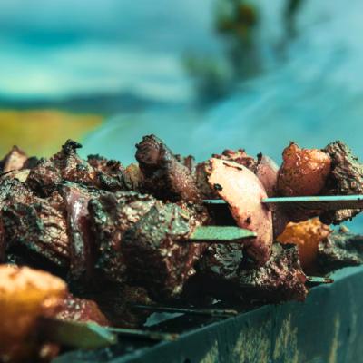 Grilované mäso na paličke v Mongolsku.