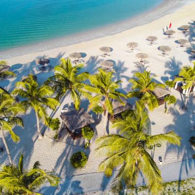 Hotelová pláž s palmami v Ománe.