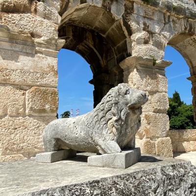 Kamenný lev v amfiteátri v meste Pula.