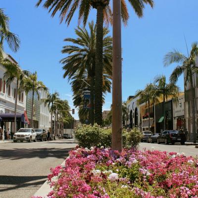 Luxusné butiky, palmy a autá v Rodeo Drive v Los Angeles.
