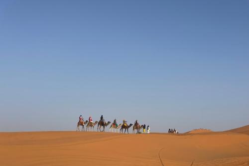 Skpina ľudí na ťave na Sahare v Maroku.
