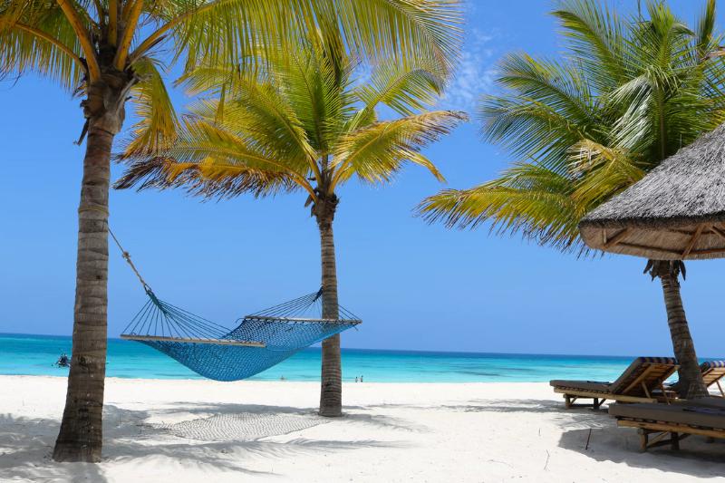 Palmy, hojdačka a biel pláž s tyrkysovým morom na Zanzibare.