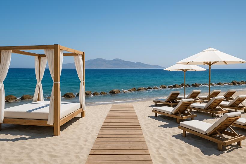 Piesková pláž, more a lehátka so slnečníkmi na ostrove Kos.