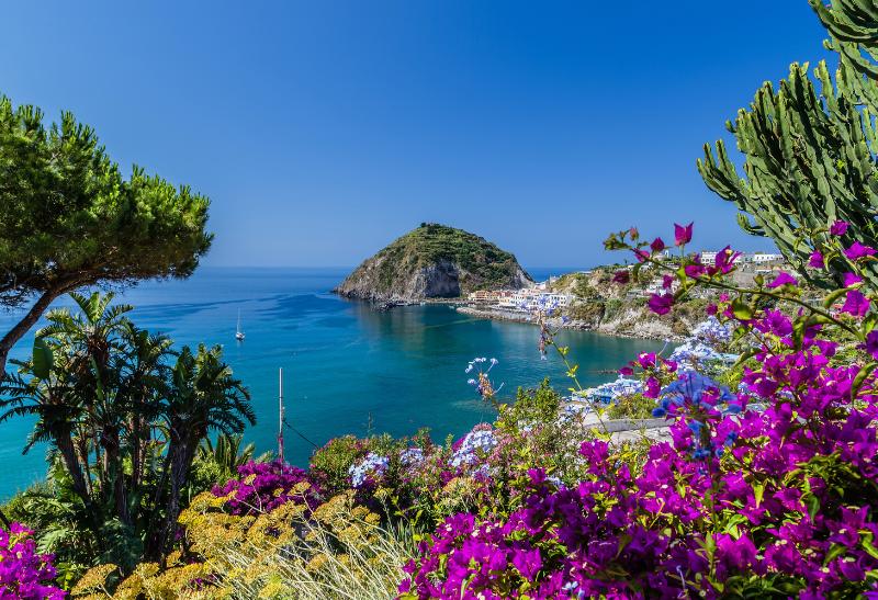 Výhľad na okolie ostrova Ischia a kvety.