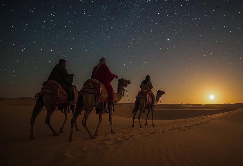 Traja muži idúci na ťave v púšti.