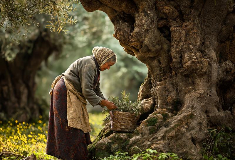 Žena v klobúku pri zbere byliniek v záhrade.