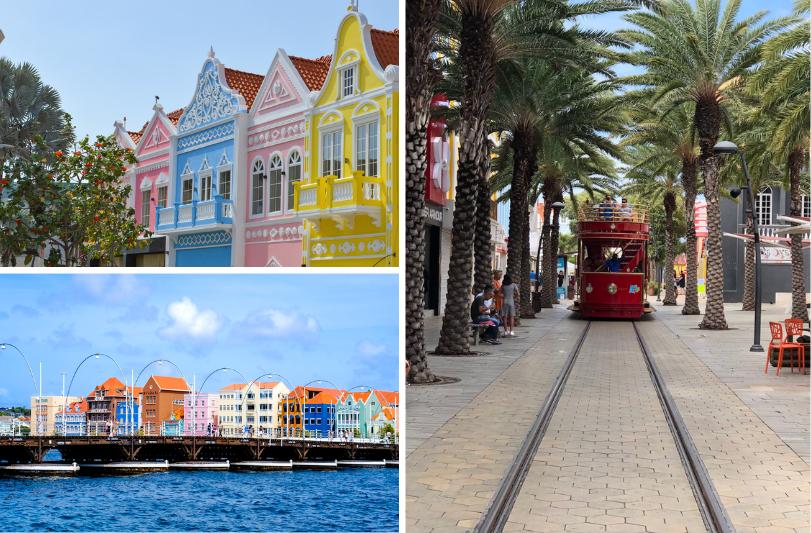 Mesto Oranjestad a Willemstad v záplave pastelových farieb na domoch. Aruba.