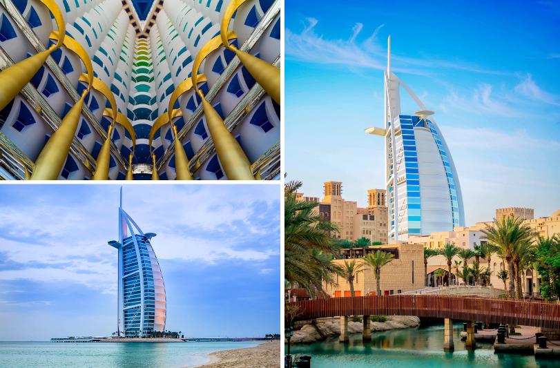 Burj Al Arab na pobreží a interiér hotela. SAE