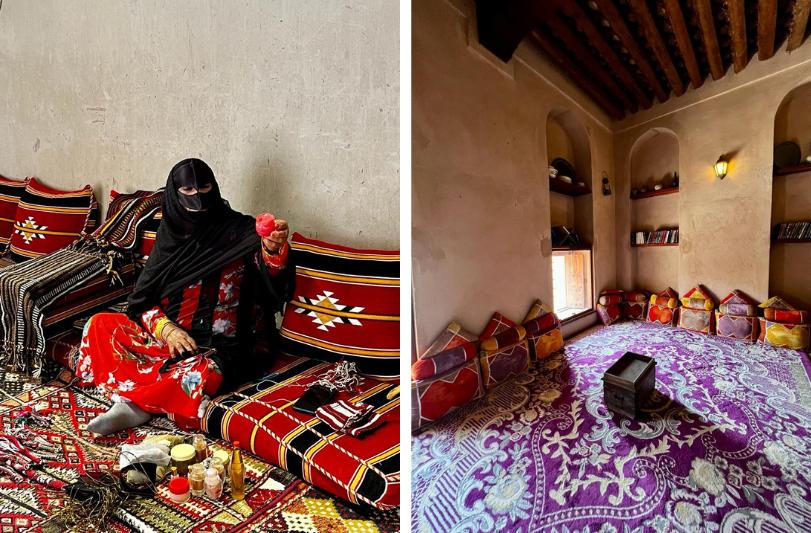 Ománska žena a tradične zariadený dom.