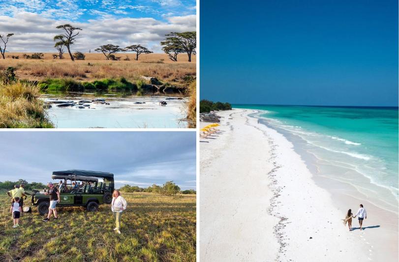 Koláž fotiek z Tanzánie zo safari a pláž na ostrove Zanzibar.