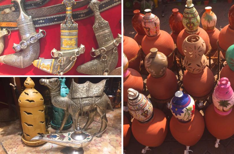 Rôzne pestré tradičné predmety z trhu. Omán.