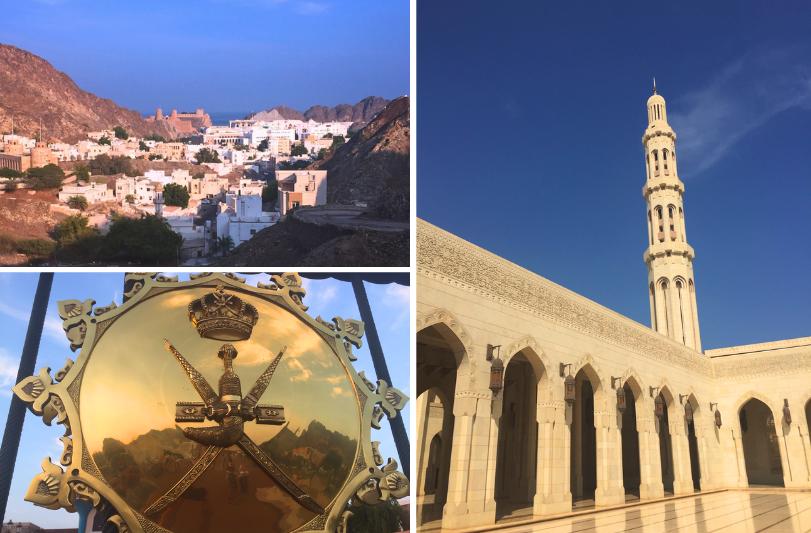 Koláž fotiek z Muscatu - mešita, znak a pohľad na historickú štvrť. Omán