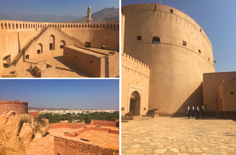 Koláž fotiek z ománskych pevností - Nizwa, Nakhl. Omán.