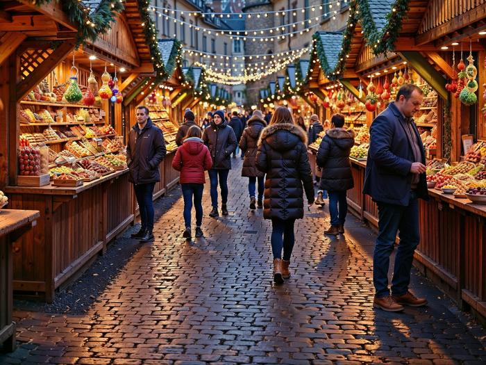 Vianočné stánky v historickej ulici a ľudia.