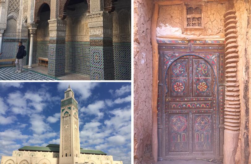 Koláž fotiek z marockej architektúry a umenia.