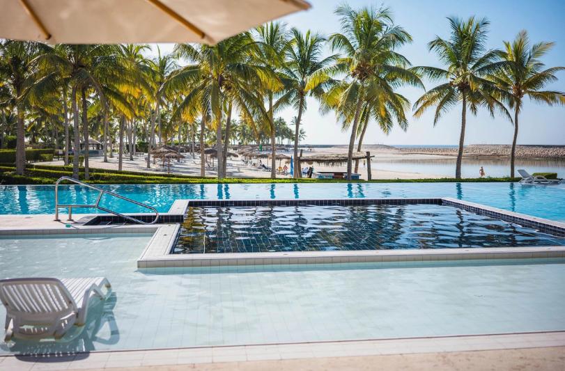 Bazén a pláž s palmami pred hotelom Fanar. Omán.
