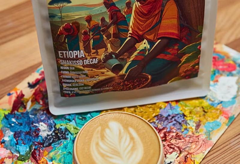 Šálka kávy a káva v sáčku z Ethiópie.