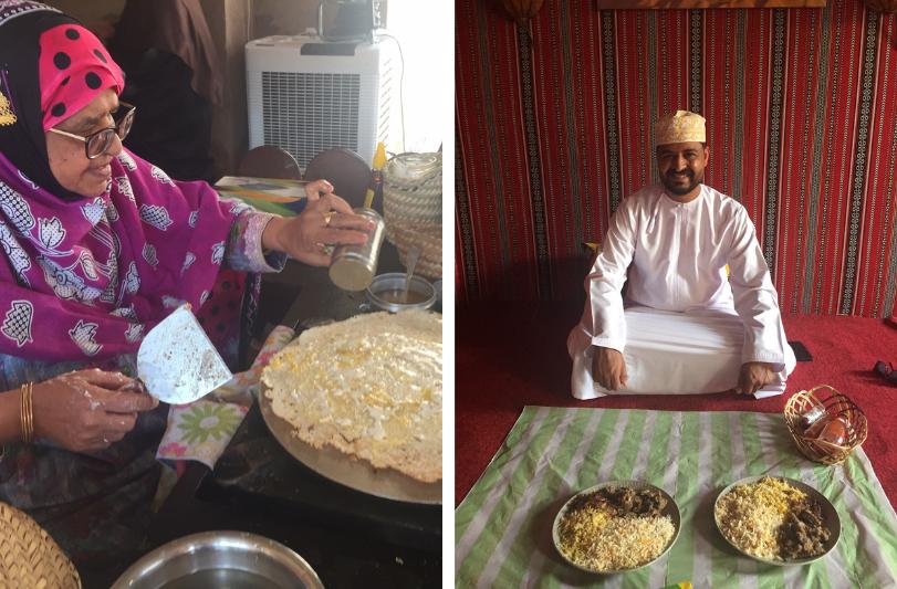 Ománska žena pripravuje tradičný chlieb a muž sediaci na zemi pri obede.