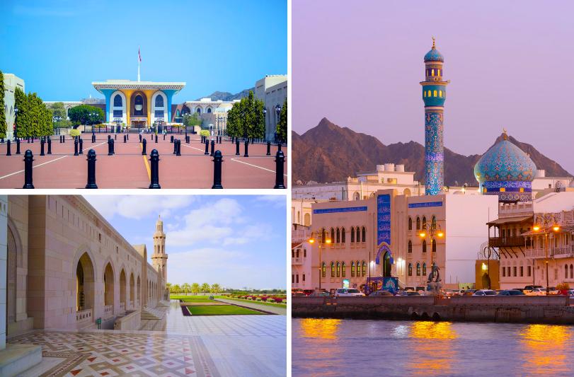 Mešita, palác a mestská promenáda pri západe slnka. Muscat. Omán