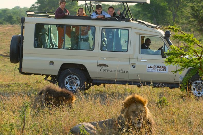 Rodičia s deťmi na džípe pozorujú levov počas safari. Tanzánia.