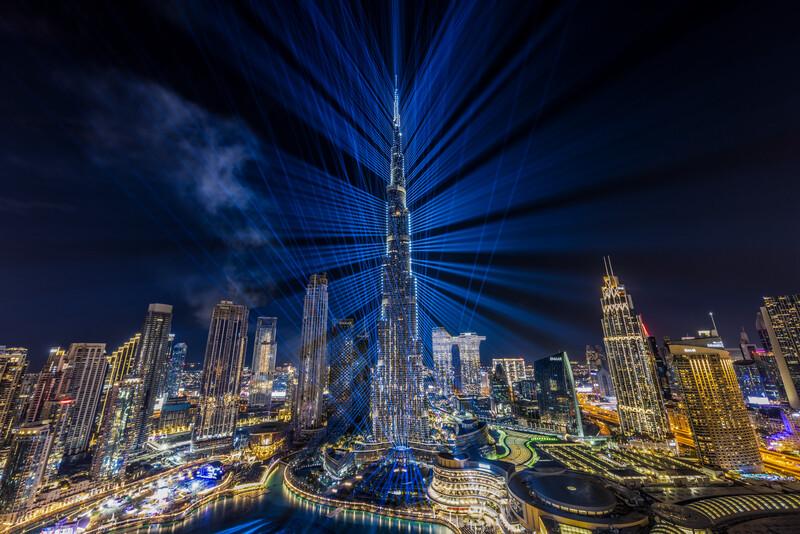 Nočný Dubaj, Burj Khalifa, Dubaj.
