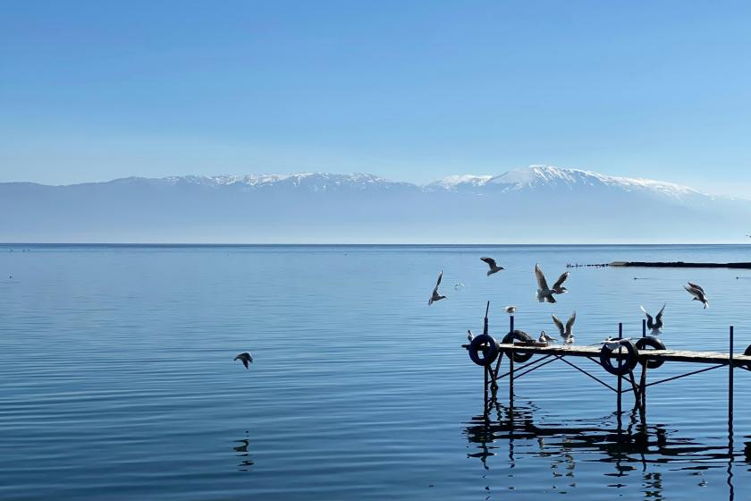 Modré jazero, vtáky a hory so snehom v pozadí v Severnom Macedónsku.