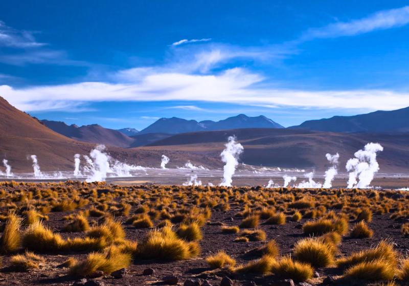 Gejzíry, tráva, púšť a hory. Atacama v Čile. Foto: unsplash.com