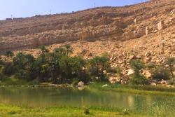 Sladkovodné jazero, palmy a skalný masív vo Wadi Bani Khalid, Omán