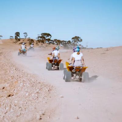 Skupina ľudí a detí na štvorkolkách pri Marrákeši.