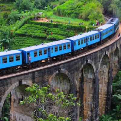 Modrý vlak prechádza cez most v zelenom prostredí.