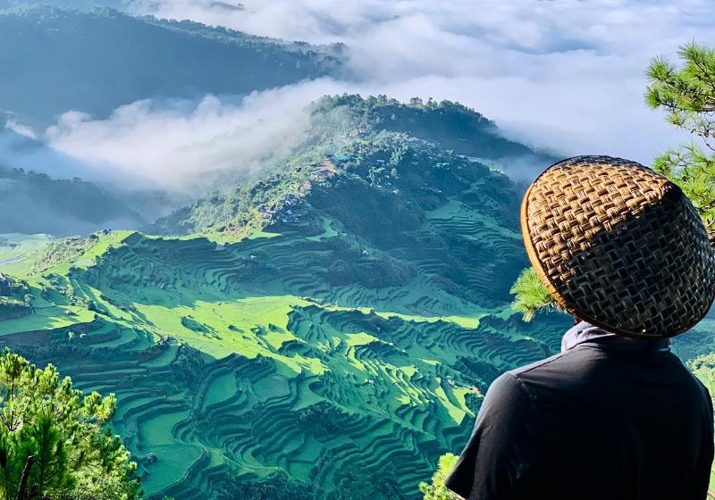 Horské ryžové terasy a dívajúci sa muž v klobúku. Bontoc. Filipíny. Foto: unsplash.com